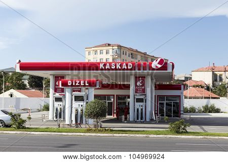 Red And White Kaskad Gas Station In Baku, Azerbaijan.