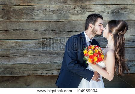 In Love Bride And Groom On Wodden Background