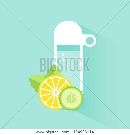 Detox Water Bottle, Slices of Lemon and Cucumber with Mint Leaves.