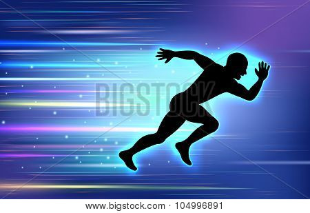 Runner silhouette with effect glow blue on background blue