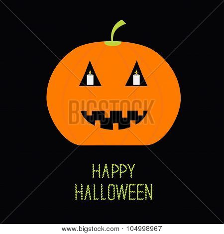 Cute Funny Pumpkin. Candle In The Eyes. Halloween Card For Kids. Flat Design. Black Bachground