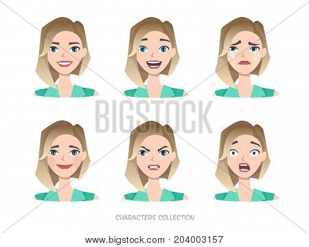 Set of emotions for business woman.Young girl in a cartoon style experiences different emotions.