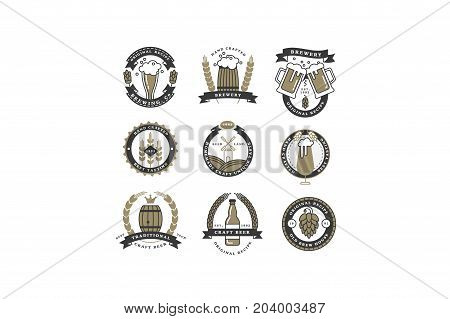 Set of linear yellow brewery logos. Labels with bottles and hops. Vintage craft beer retro design elements, emblems, symbols, and icons or pub labels, badges collection. Beer business signs template