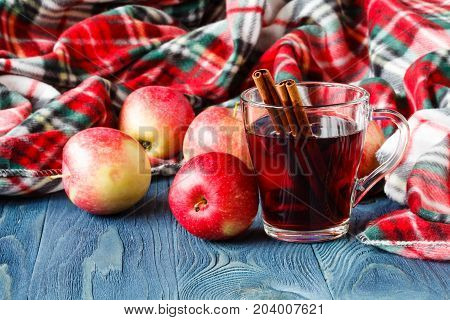 Cozy fall hot drink mulled wine with apple