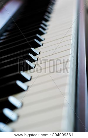 Piano keys closeup in a back light