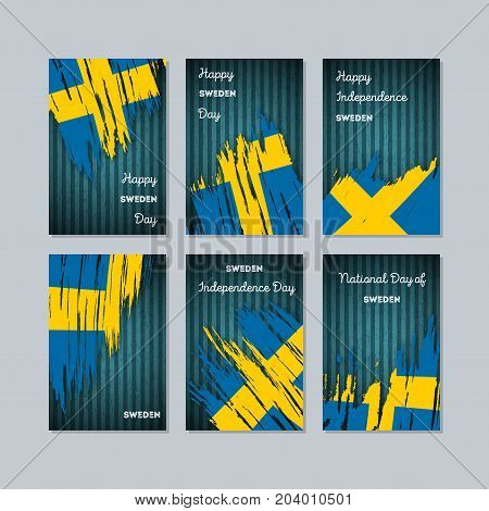 Sweden Patriotic Cards For National Day. Expressive Brush Stroke In National Flag Colors On Dark Str