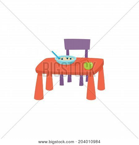 vector flat cartoon baby table and chair for having beakfast, dinner - eating with porridge plate and green apple on it. isolated illustration on a white background. Daily routine concept