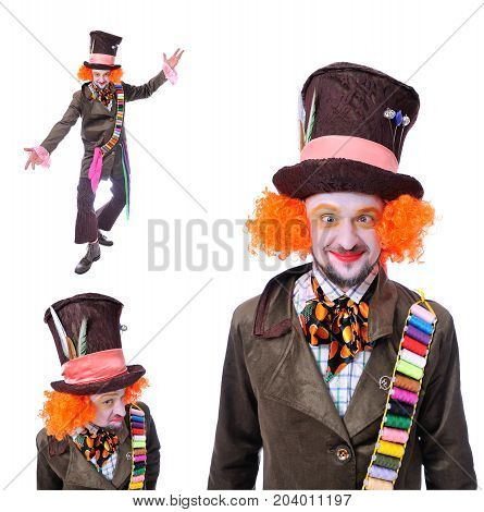 Collage Of Few Pictures. Mad Hatter's Different Facial Emotions. Close-up Portrait Of Smiling And Fo