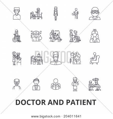 Doctor and patient, cabinet, medical, hospital, consultation, nurse, healthcare line icons. Editable strokes. Flat design vector illustration symbol concept. Linear signs isolated on white background