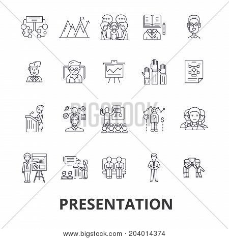 Presentation, business, presenter, meeting, conference, seminar, speaker, speech line icons. Editable strokes. Flat design vector illustration symbol concept. Linear signs isolated on white background