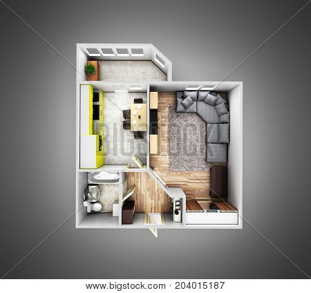 Interior Apartment Roofless Top View Apartment Layout On Grey Gradient Background 3D Render