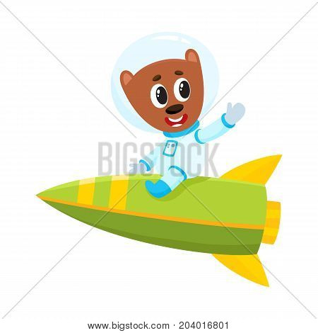 Cute little teddy bear astronaut, spaceman character riding a rocket, cartoon vector illustration isolated on white background. Baby teddy bear astronaut, spaceman in spacesuit riding rocket in space