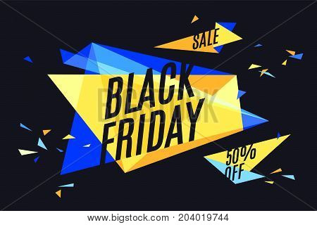 Banner with text Black Friday, Sale, 50 off. Design element for sale theme, shop, market. Poster for sale and discount on color and black background. Geometric graphic design. Vector Illustration
