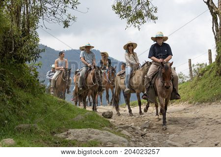 February 20 2017 Valle de Cocora Colombia: guided sightseeing tours in the jungle on horseback are very popular with tourists