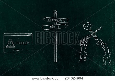 Road Sign Fix Or Complain In Front Of A Problem, With Pop-up And Men Lifting A Wrench