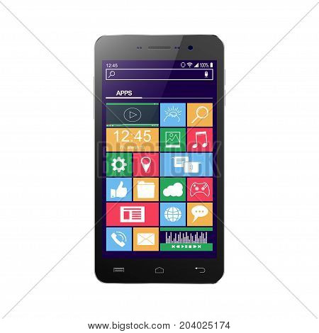 Realistic smartphone with apps icons. Islolated on white background smart phone. Vector illustration.