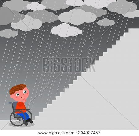 Boy in wheel chair near a big staircase vector illustration