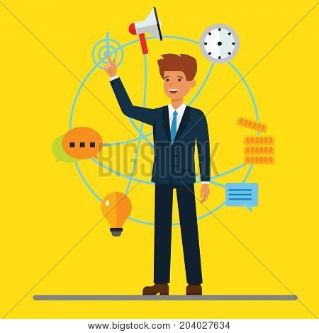Young cartoon businessman and digital modern business background. Global partnership, wirelless technology, blockchain system. Vector illustration