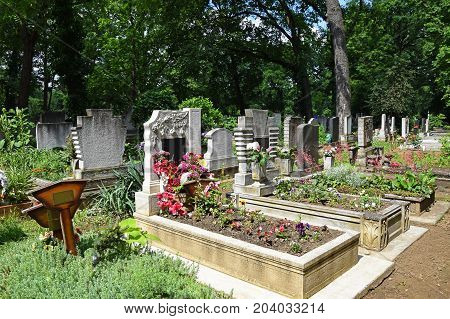 Tombstones in the Public cemtery in summer