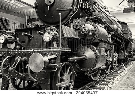 Steam locomotive in national technical museum in Prague Czech Republic. The transportation history exhibit. Black and white photo.