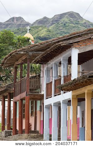 March 15 2017 Vilcabamba Ecuador: colourful colonial style architecture in the popular expat destination town