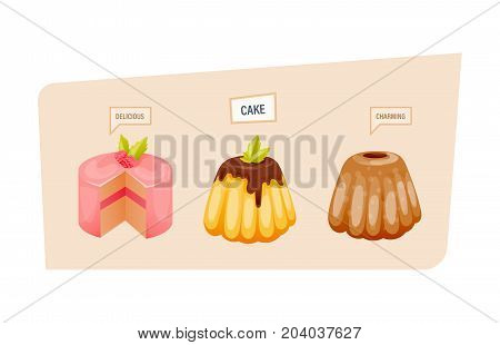 Colorful sweet charming cakes slices with glaze and chocolate cream. Set of cake birthday. Sweet delicious dessert and pastries. Bakery products. Vector illustration, isolated on white background