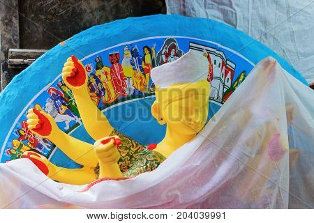 Clay idol of Goddess Durga under preparation for "Durga Puja' festival in Kumartuli Kolkata. Biggest festival of Hinduism.
