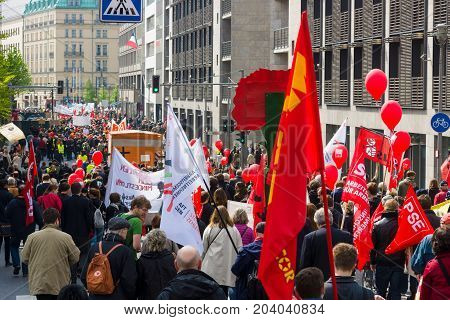 BERLIN - MAY 01 2015: Members of trade unions workers and employees at the demonstration on the occasion of Labour day.
