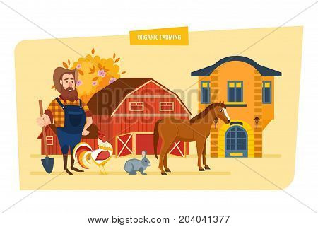 Organic farming concept. Agriculture and autumn farming. Farmer working at farm and breeds animals. Organic pure natural food, clean environment. Rural landscape. Vector illustration in cartoon style.