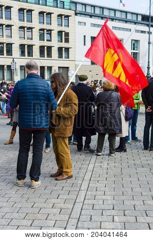 BERLIN - MAY 01 2015: Members of trade unions workers and employees at the demonstration on the occasion of Labour day.