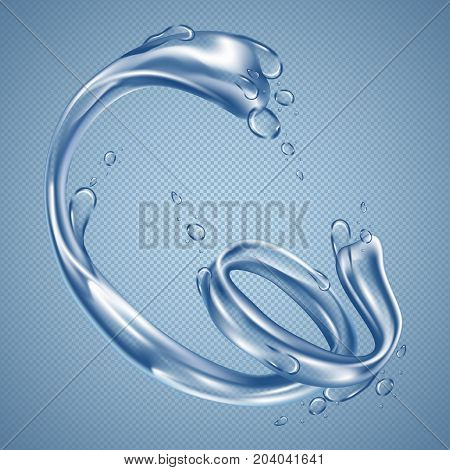 Liquid curvy flow of water. Stream whirl effect or H2O splash, aqua natural rings element with reflection. Streamline and wave, water motion or flowing, whirlpool or vortex, wetness effect