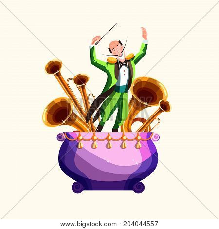 Conductor and musical wind instruments, vector illustration