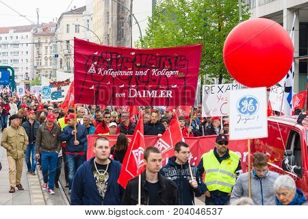 BERLIN - MAY 01 2015: Members of trade unions workers and employees at the demonstration on the occasion of Labour day.