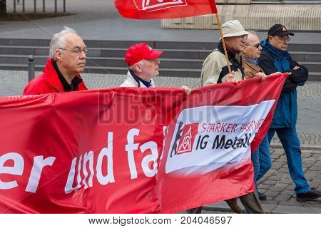 BERLIN - MAY 01 2015: Members of trade unions workers and employees at the demonstration on the occasion of Labour day.