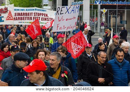 BERLIN - MAY 01 2015: Members of trade unions workers and employees at the demonstration on the occasion of Labour day.
