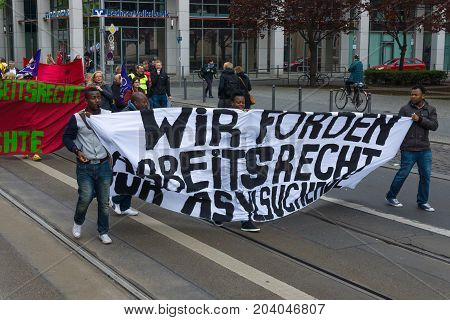 BERLIN - MAY 01 2015: Members of trade unions workers and employees at the demonstration on the occasion of Labour day.