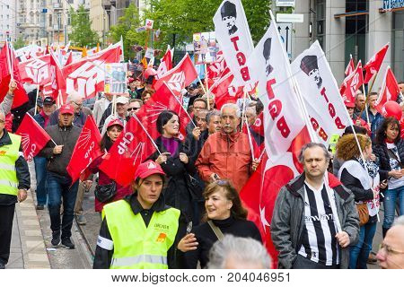 BERLIN - MAY 01 2015: Members of trade unions workers and employees at the demonstration on the occasion of Labour day.