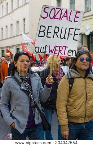 BERLIN - MAY 01 2015: Members of trade unions workers and employees at the demonstration on the occasion of Labour day.