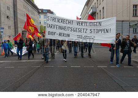 BERLIN - MAY 01 2015: Members of trade unions workers and employees at the demonstration on the occasion of Labour day.