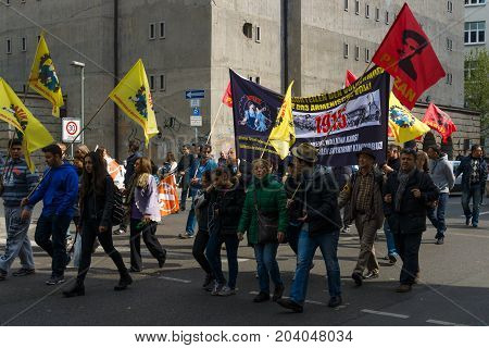 BERLIN - MAY 01 2015: Members of trade unions workers and employees at the demonstration on the occasion of Labour day.