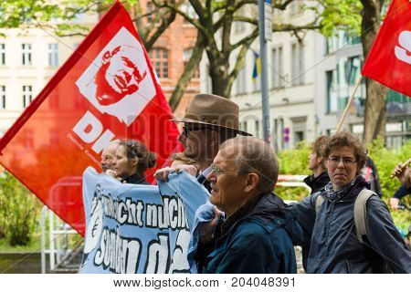 BERLIN - MAY 01 2015: Members of trade unions workers and employees at the demonstration on the occasion of Labour day.