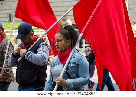 BERLIN - MAY 01 2015: Members of trade unions workers and employees at the demonstration on the occasion of Labour day.