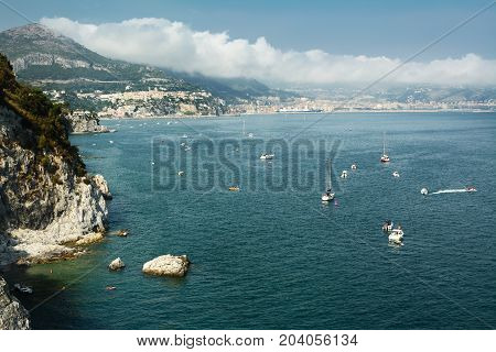 Amalfi Coast and boats sailing in the Gulf of Salerno