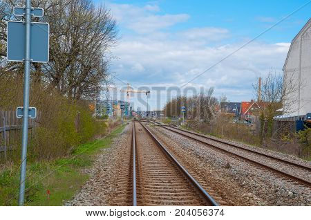 Railway through town of Koge in Denmark