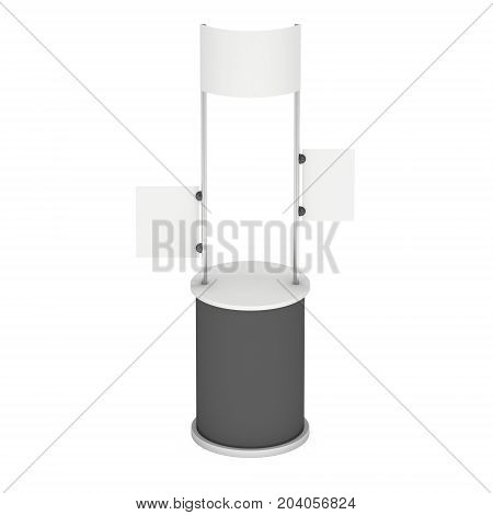 Stall or Kiosk Modern Promostand Reception Desk. Trade show booth white and blank. 3d render illustration isolated on white background. Template mockup for your expo design.