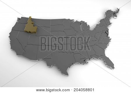 United states of America, 3d metallic map, whith idaho state highlighted. 3d render
