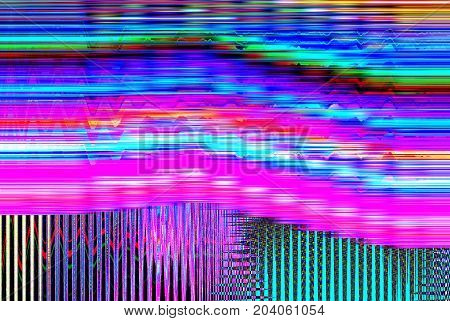 Glitch psychedelic background. Old TV screen error. Digital pixel noise abstract design. Broken pixels glitch. Television signal fail. Technical problem grunge wallpaper. Colorful noise rerto