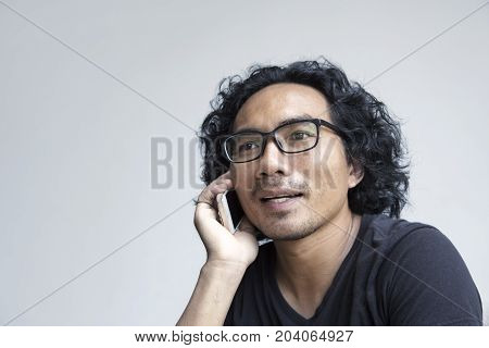 Asian Man Face Action With Mobile On White