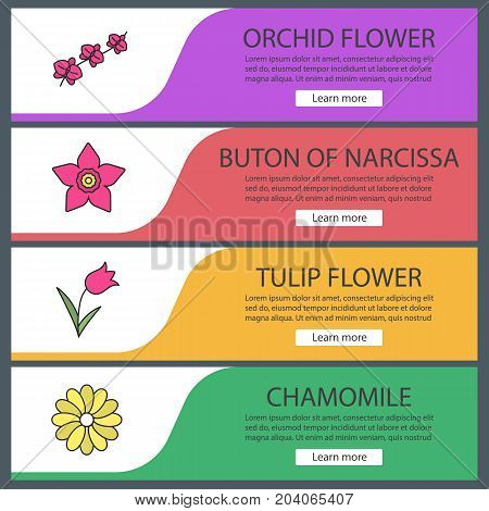 Flowers web banner templates set. Orchid branch, narcissus head, tulip, chamomile. Website color menu items. Vector headers design concepts