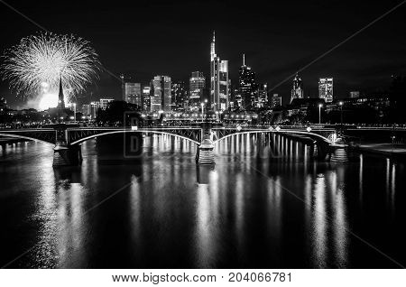 Frankfurt am Main, Hessen, Germany - August 07, 2017: Fireworks in Frankfurt am Main city during Mainfest in Frankfurt, Germany